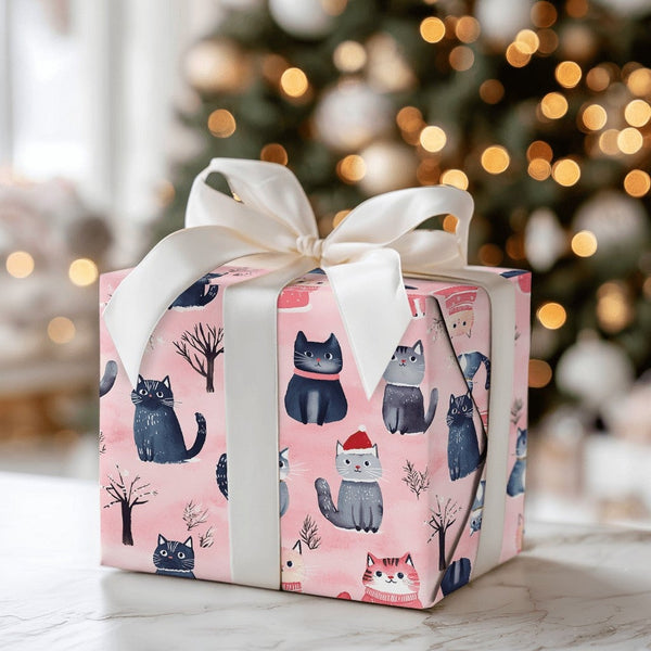 Adorable Kitten in Santa Hat Gift Wrap, Christmas Cat Wrapping Paper, Pink Winter Holiday Wrapping Paper, Cat Lover Present G