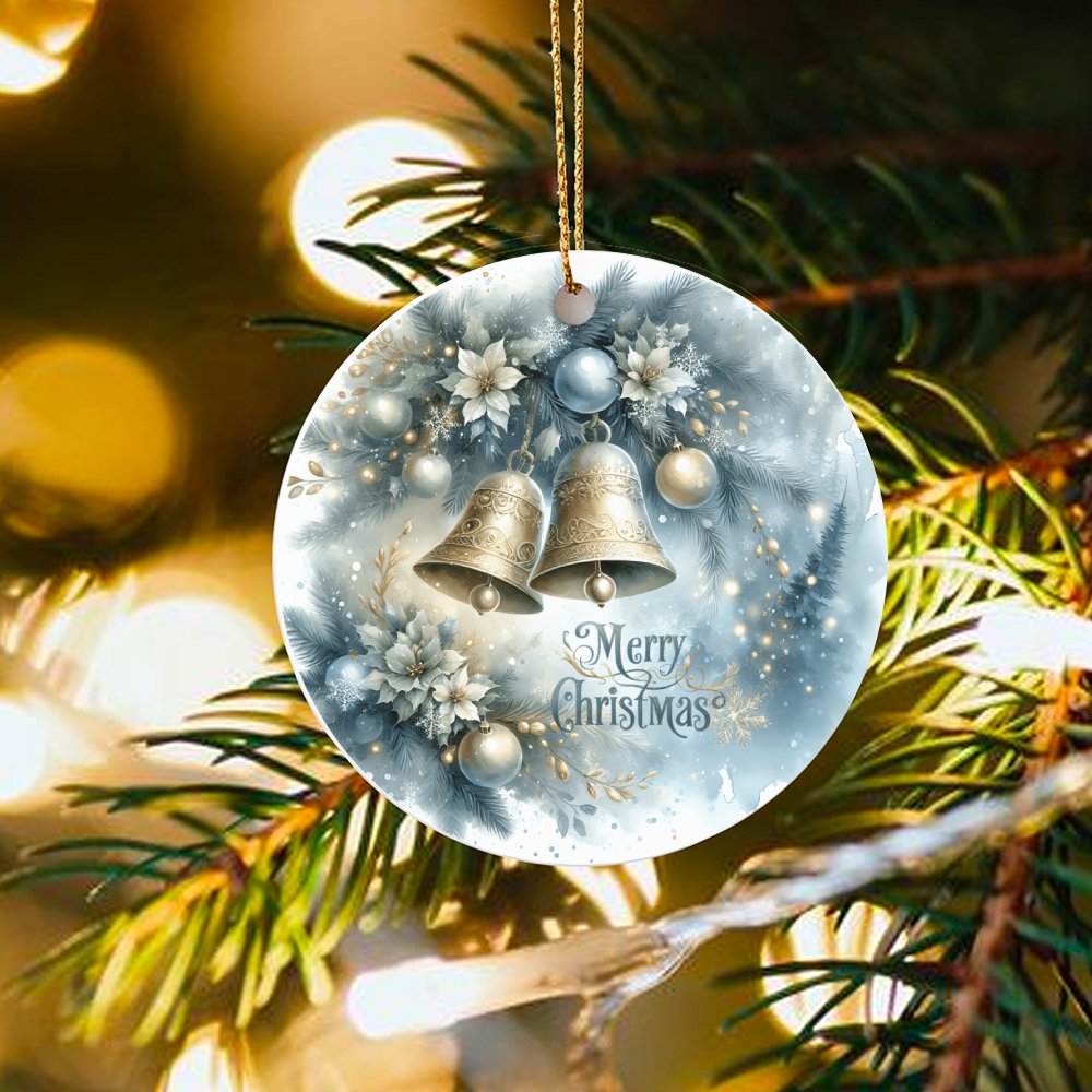 Winter Floral Holiday Ornament, Golden Bells Christmas Ornament, Elegant Merry Christmas Ceramic Ornament, Festive Tree Decor