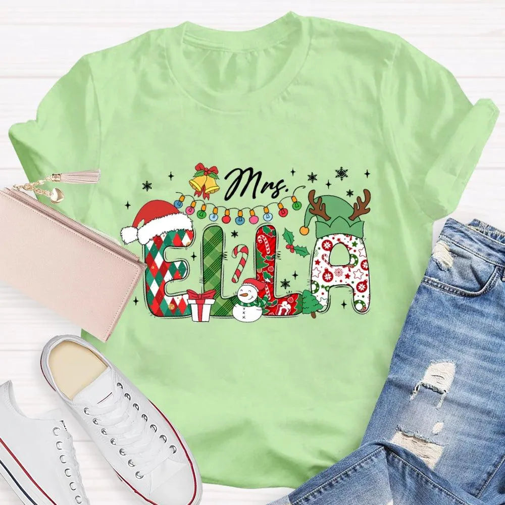 Custom Name Holiday Lights Tee, Personalized Christmas Snowman T-Shirt, Adorable Winter Xmas Shirt, Matching Family Christmas