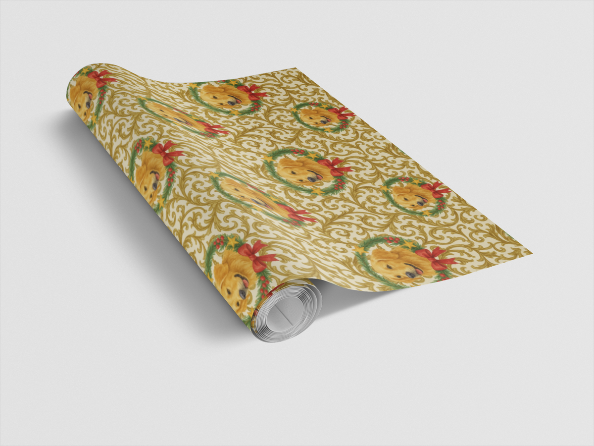 Festive Holiday Wreath Gift Wrap, Golden Retriever Wrapping Paper, Gold Filigree Christmas Wrapping Paper, Dog Lover Gift Wra