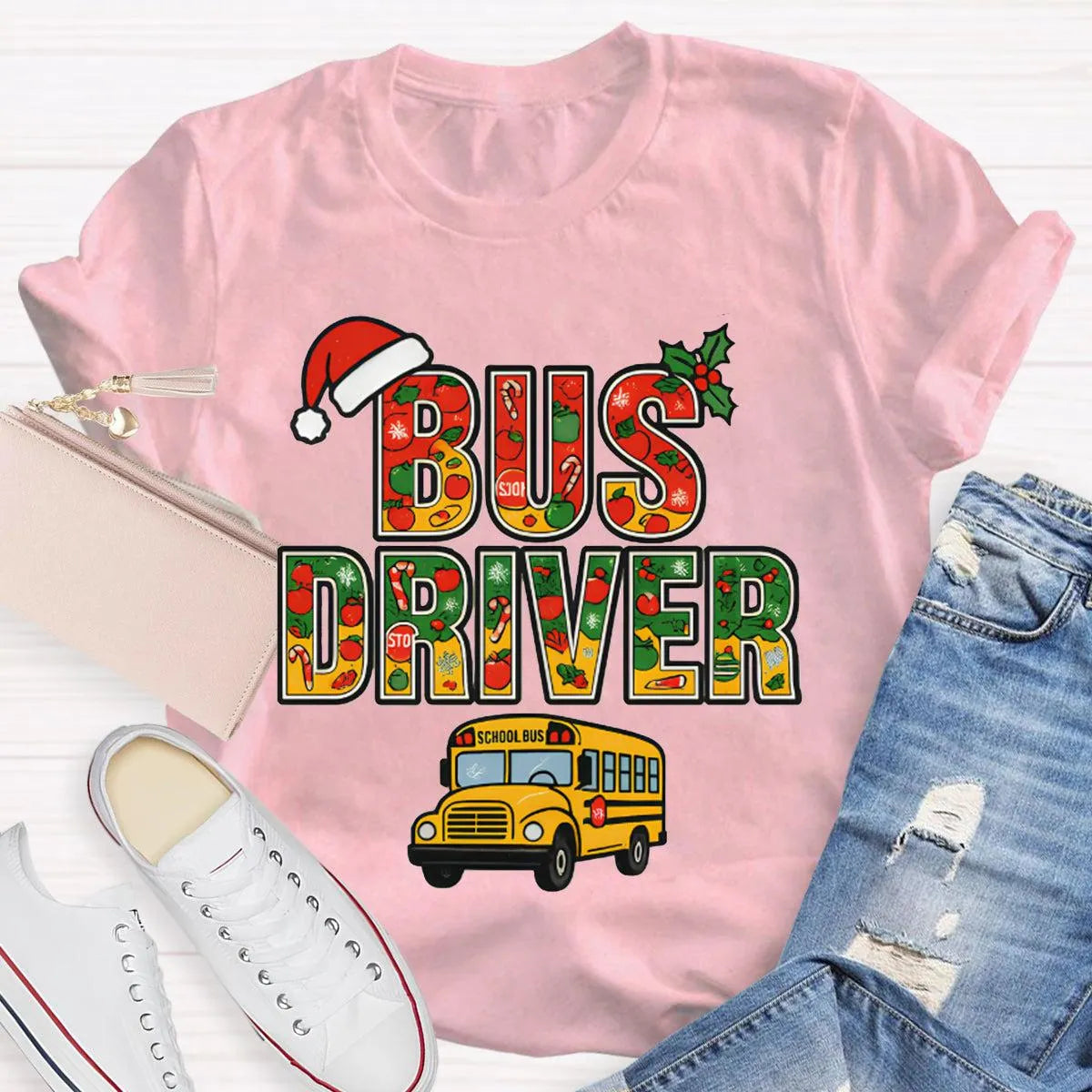 Santa Hat Bus Driver Graphic Tee, School Bus Driver Christmas T-Shirt, Humorous Holiday Driver Shirt, Transportation Staff Xm