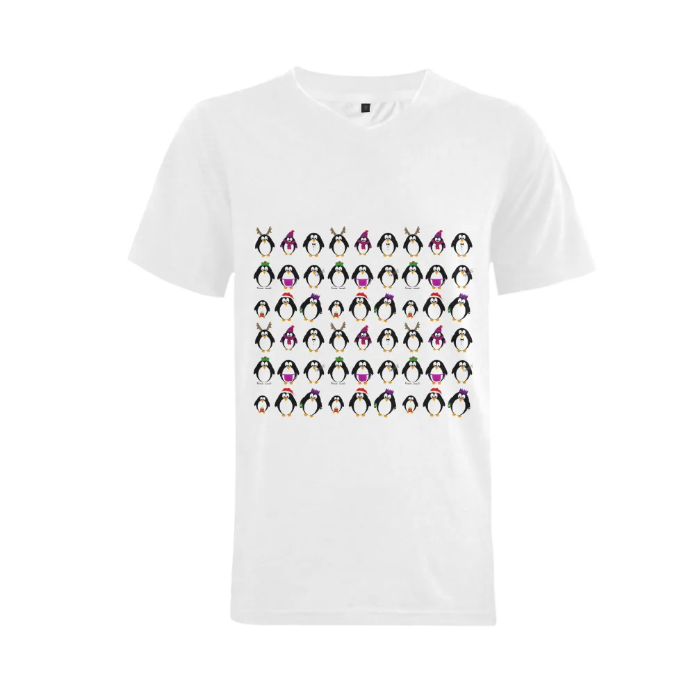 Festive Holiday Graphic Tee, Christmas Party Penguins Mens V-Neck T-Shirt, Big and Tall Winter Bird Shirt, Xmas Present