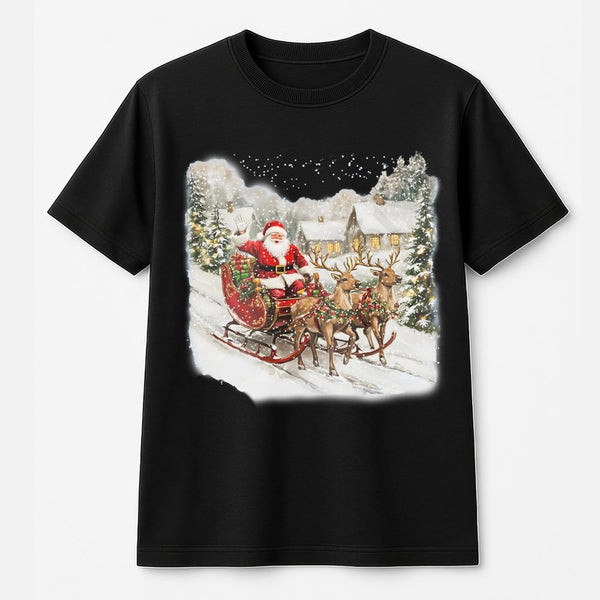 Christmas Reindeer Sleigh T-Shirt, Vintage Santa T-Shirt, Retro Xmas Holiday Graphic T-Shirt, Festive Winter Graphic Tee, Hol