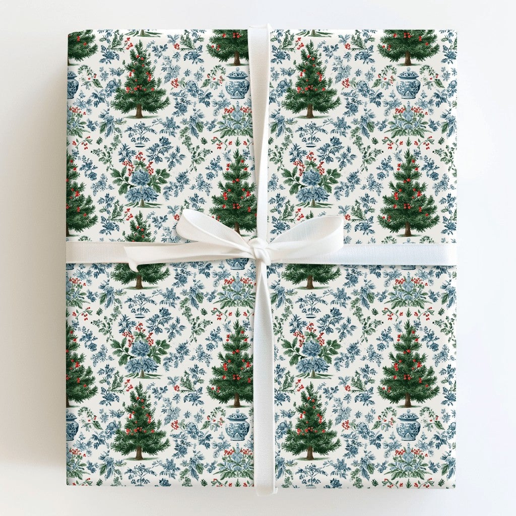 Blue and White Ginger Jar Holiday Gift Wrap, Chinoiserie Christmas Wrapping Paper, Floral Toile Christmas Wrap, Elegant Holid