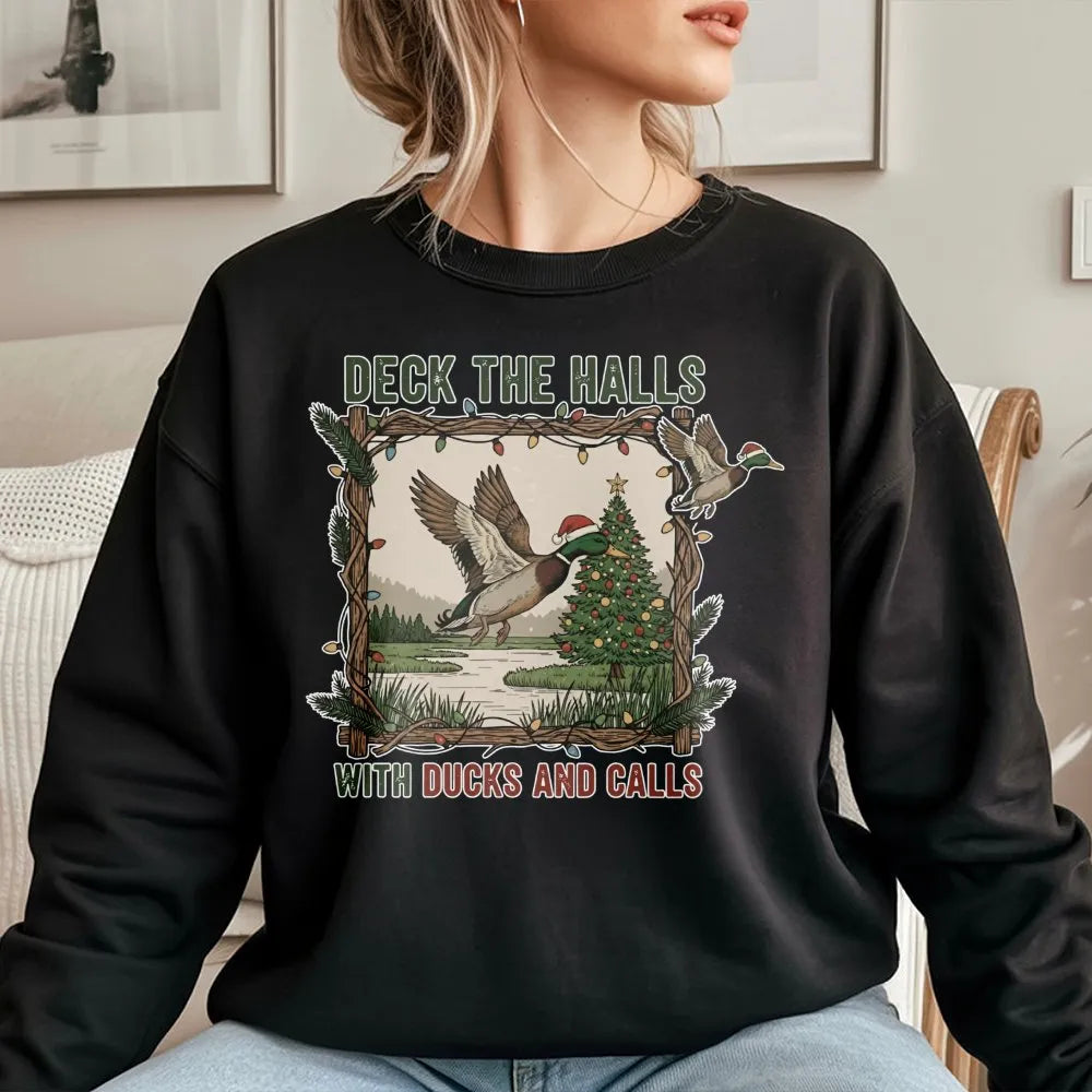 Deck the Halls Mallard Crewneck, Duck Hunting Christmas Sweatshirt, Humorous Hunter Holiday Sweater, Outdoor Wildlife Xmas Pu