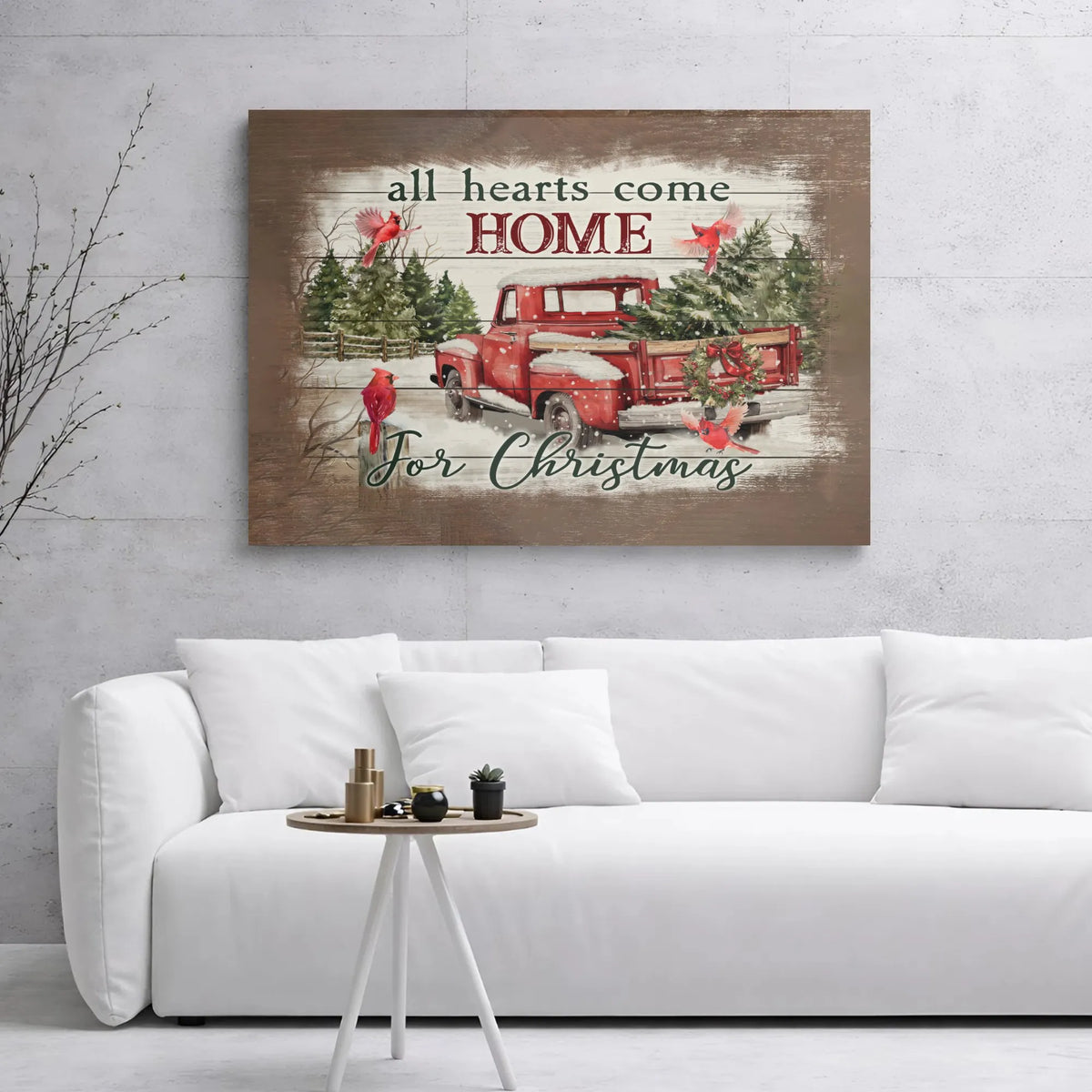 Vintage Red Truck Canvas Print, All Hearts Come Home for Christmas Canvas Wall Art, Holiday Cardinal Wall Decor, Farmhouse Xm
