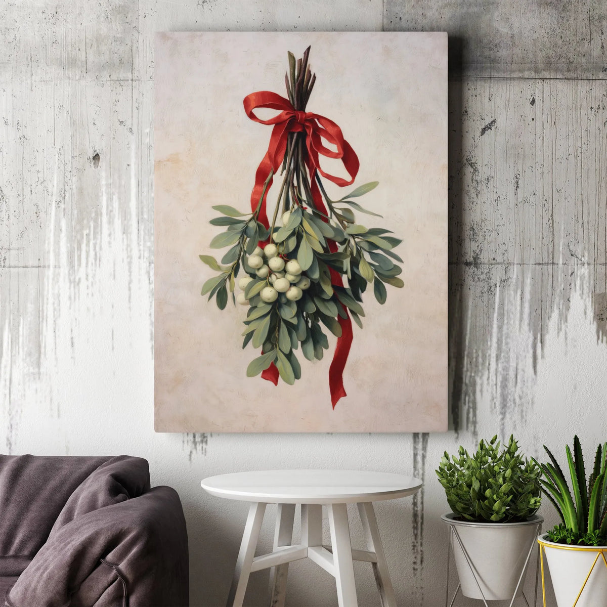 Christmas Botanical Print with Red Ribbon, Vintage Mistletoe Wall Art, Festive Holiday Poster, Digital Download Winter Wall D