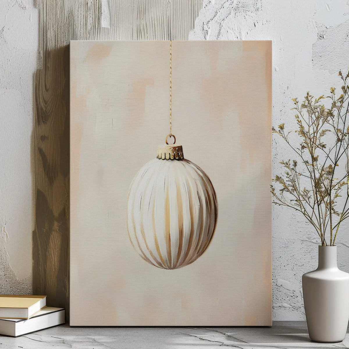 Gold and White Holiday Canvas Print, Christmas Ornament Canvas Wall Art, Modern Seasonal Canvas Decor, Elegant Winter Home Wa