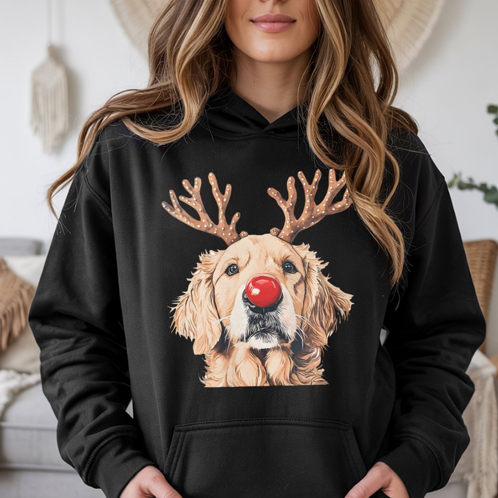 Reindeer Antlers Dog Mom Hoodie, Golden Retriever Christmas Hoodie, Humorous Dog Lover Holiday Hoodie, Adorable Puppy Pet Xma