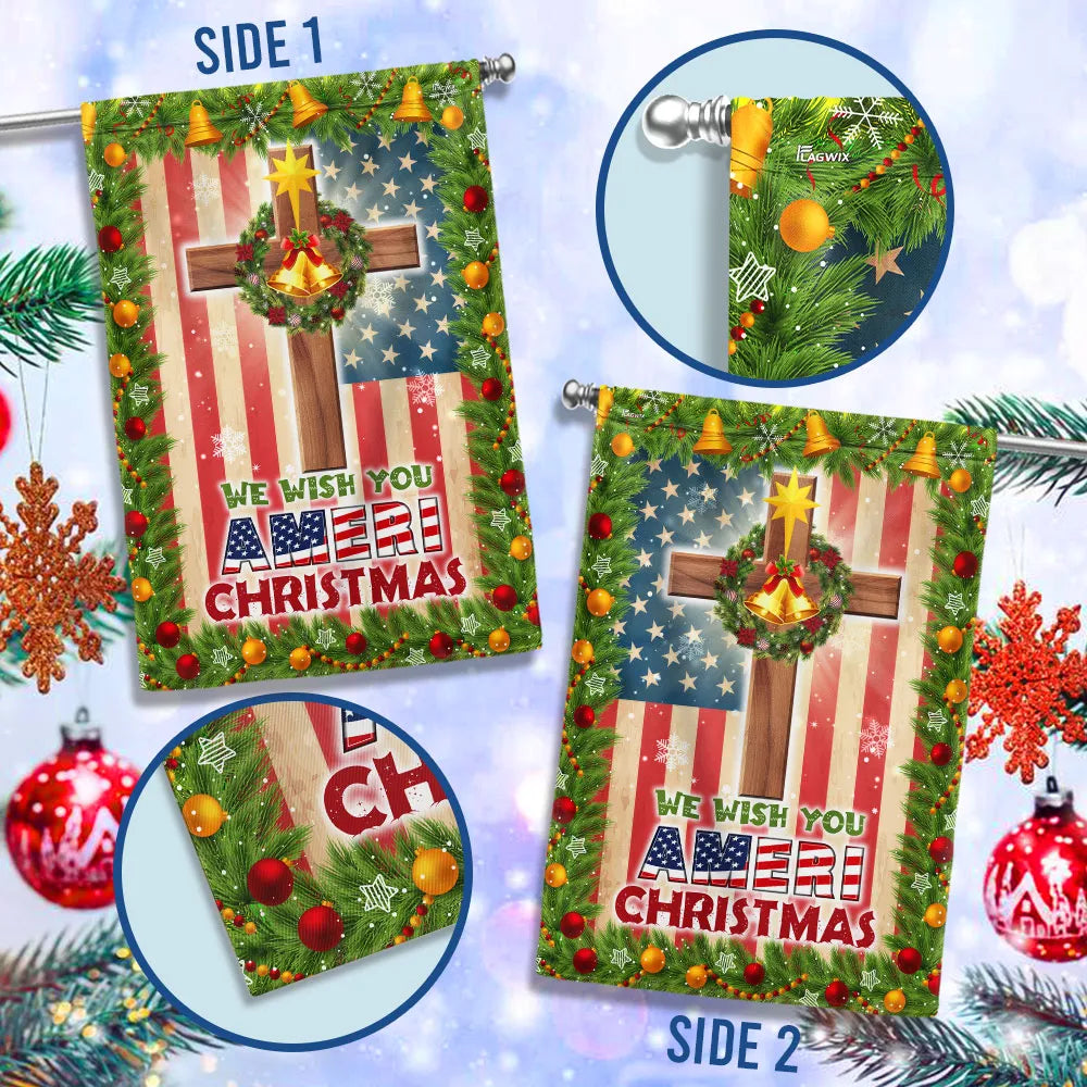 Double Sided Patriotic Lawn Flag, Christian Cross American Flag Garden Flag We Wish You Ameri Christmas Yard Flag, Holiday Ya