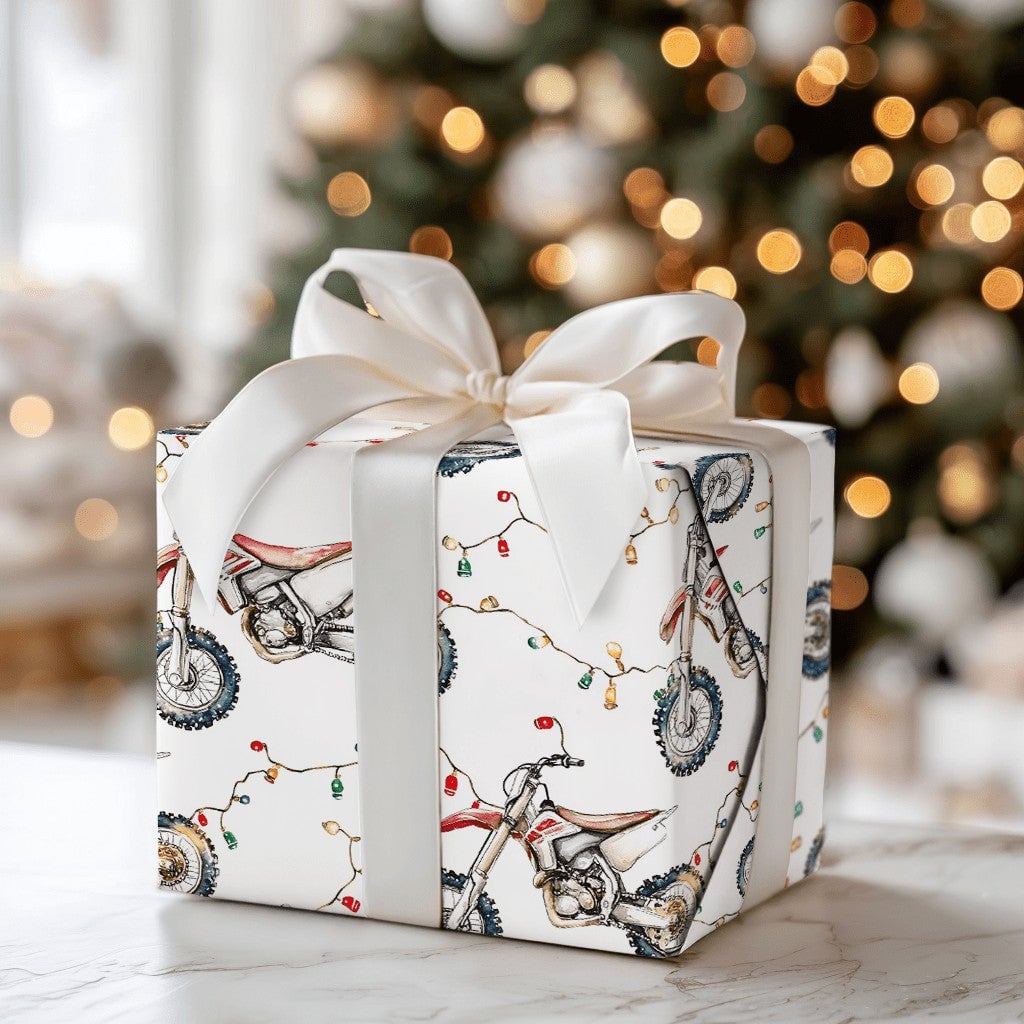 Dirt Bike Holiday Gift Wrap Roll, Motocross Christmas Wrapping Paper, Christmas Lights Dirt Biker Present Paper, Racing Theme