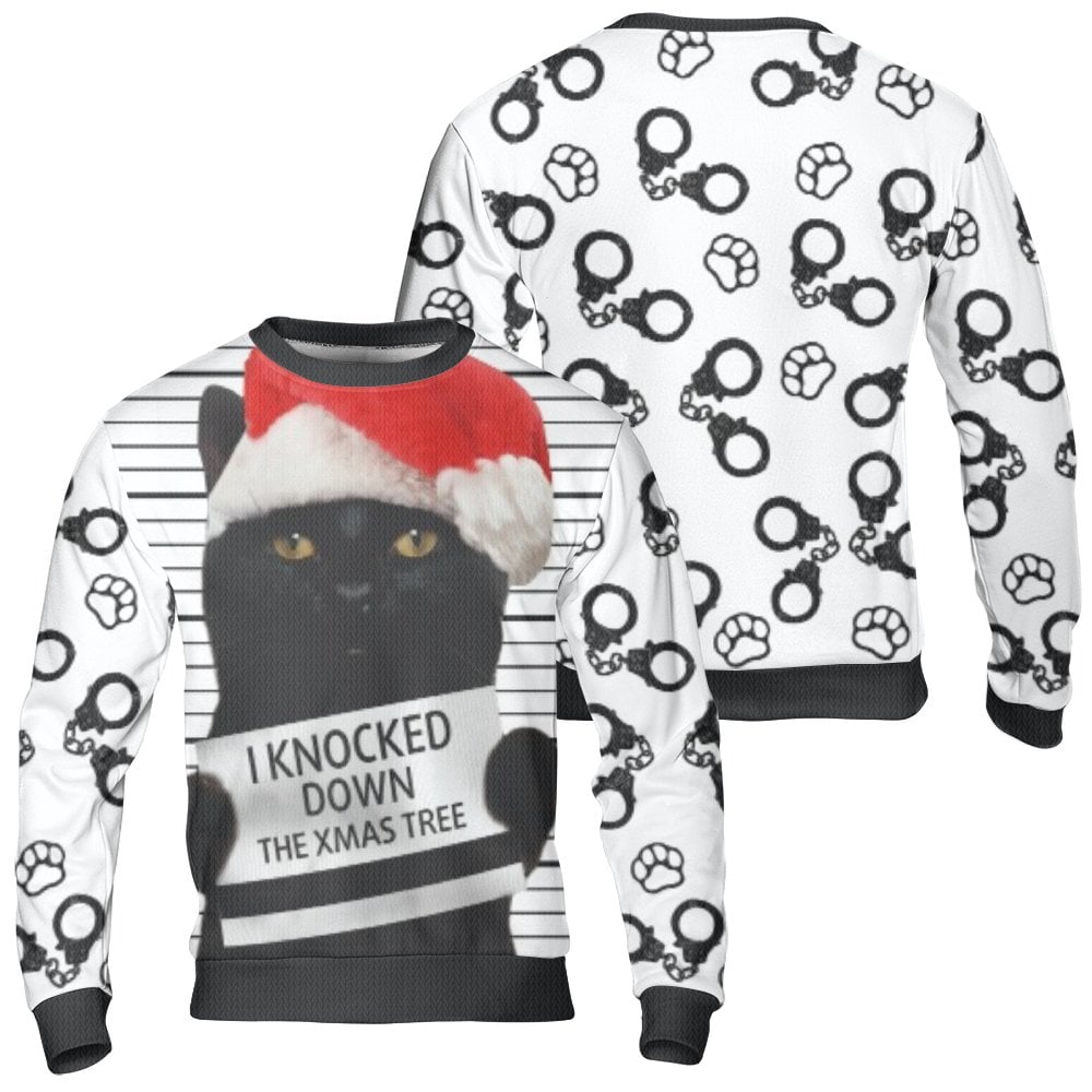 Humorous Bad Cat Xmas Tree Sweatshirt, Black Cat Mugshot Christmas Sweater, Mischievous Kitten Holiday Crewneck, Cat Lover Pu