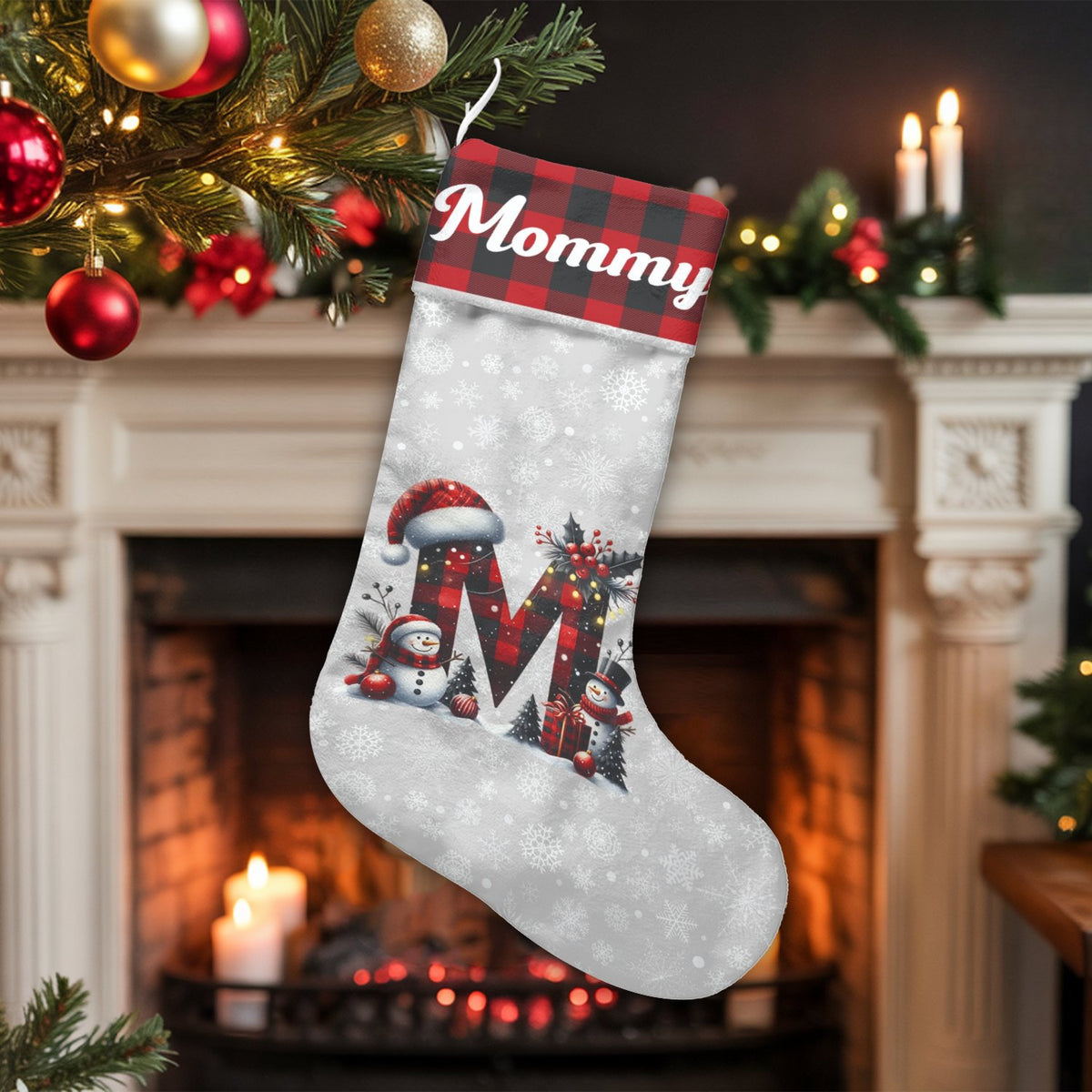 Buffalo Plaid Christmas Stocking, Personalized Letter M Christmas Stocking, Monogram Initial Holiday Stocking, Rustic Family 