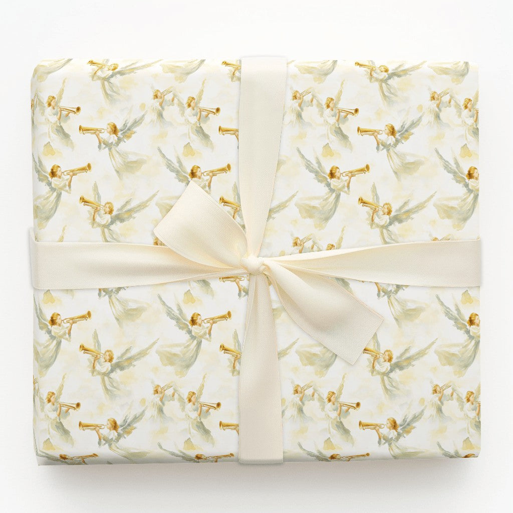Golden Trumpet Angels Gift Wrap, Watercolor Angel Wrapping Paper, Religious Spiritual Wrapping Paper, Christmas Baptism Prese