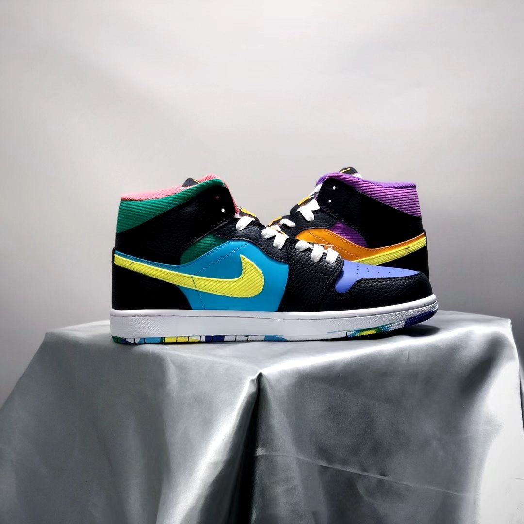 Mid Top Sneakers, Blue Yellow Black Colorway, Mismatched Colorway, Lace Up Design, Casual Gift for Sneaker Fans