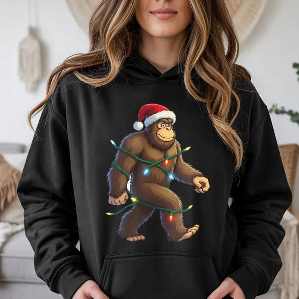 Humorous Sasquatch Sweatshirt, Bigfoot Christmas Lights Hoodie, Retro Xmas Bigfoot Hoodie, Santa Hat Graphic Hooded Sweater, 