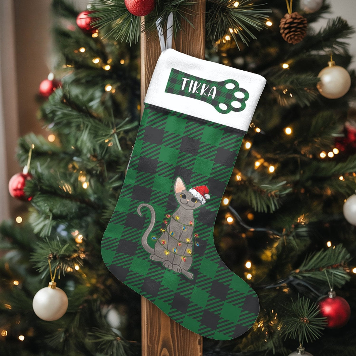 Green Buffalo Plaid Holiday Stocking, Cat Lover Christmas Stocking, Personalized Pet Christmas Stocking, Custom Xmas Fireplac
