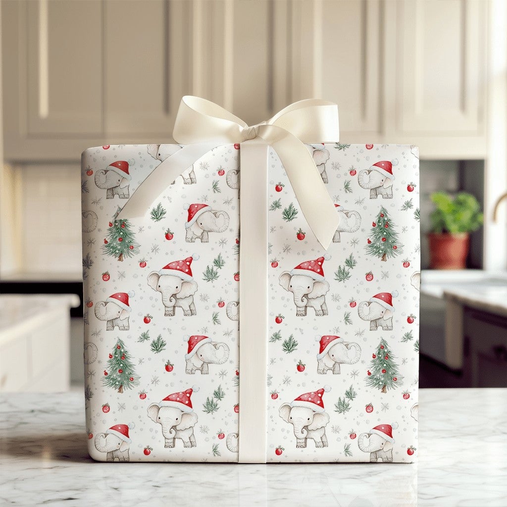Santa Hat Holiday Gift Wrap, Baby Elephant Christmas Wrapping Paper, Adorable Watercolor Animal Wrapping Paper, Kids Christma