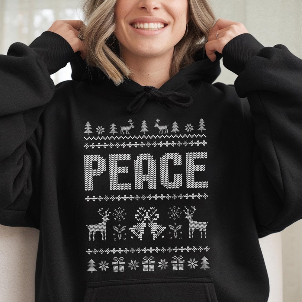 Reindeer Snowflake Pattern Sweatshirt, Peace Ugly Christmas Hoodie, Retro Holiday Fair Isle Pullover, Comfy Xmas Hooded Sweat
