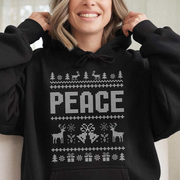 Reindeer Snowflake Pattern Sweatshirt, Peace Ugly Christmas Hoodie, Retro Holiday Fair Isle Pullover, Comfy Xmas Hooded Sweat