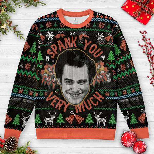 Humorous Holiday Party Sweater, Spank You Very Much Ugly Christmas Sweatshirt, Retro Comedy Quote Xmas All Over Print Crewnec
