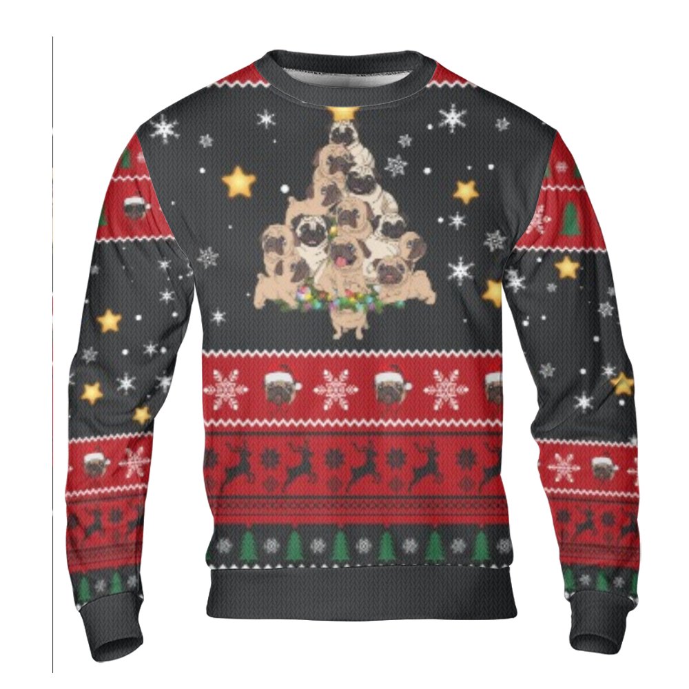 Humorous Canine Pet Ugly Sweater, Pug Dog Christmas Tree Ugly Sweater, Adorable Puppy Holiday Sweater, Dog Lover Christmas Ug