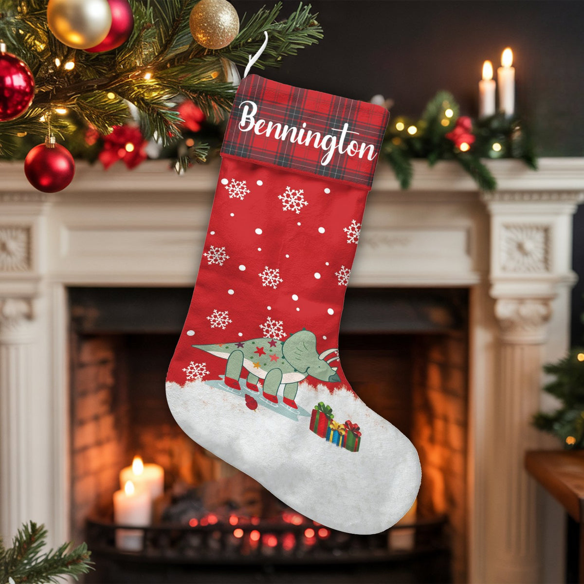 Custom Dino Christmas Stocking, Personalized Ice Skating Dinosaur Christmas Stocking, Adorable Winter Holiday Stocking, Kids 