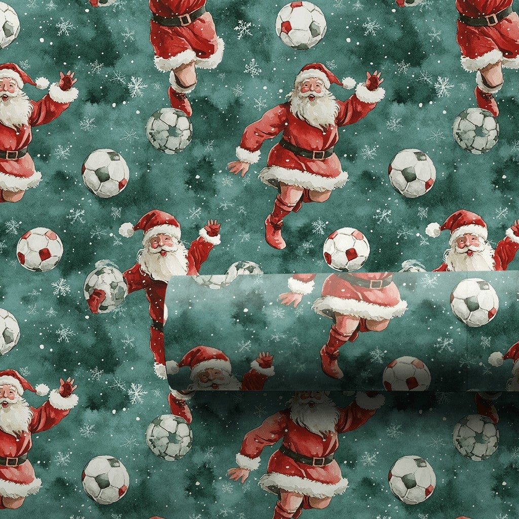 Sports Santa Holiday Gift Wrap Roll, Soccer Santa Christmas Wrapping Paper, Football Player Present Paper, Athletic Kid Gift 