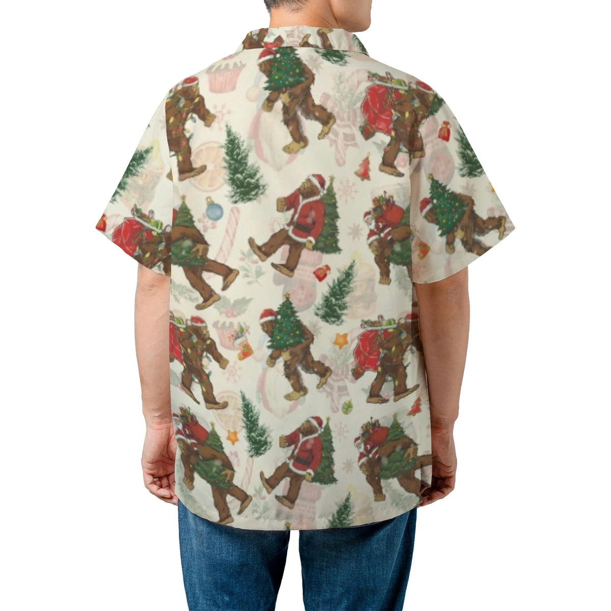 Humorous Sasquatch Aloha Shirt, Bigfoot Santa Christmas Hawaiian Shirt, Ugly Xmas Button Down Shirt, Holiday Vacation Beach S