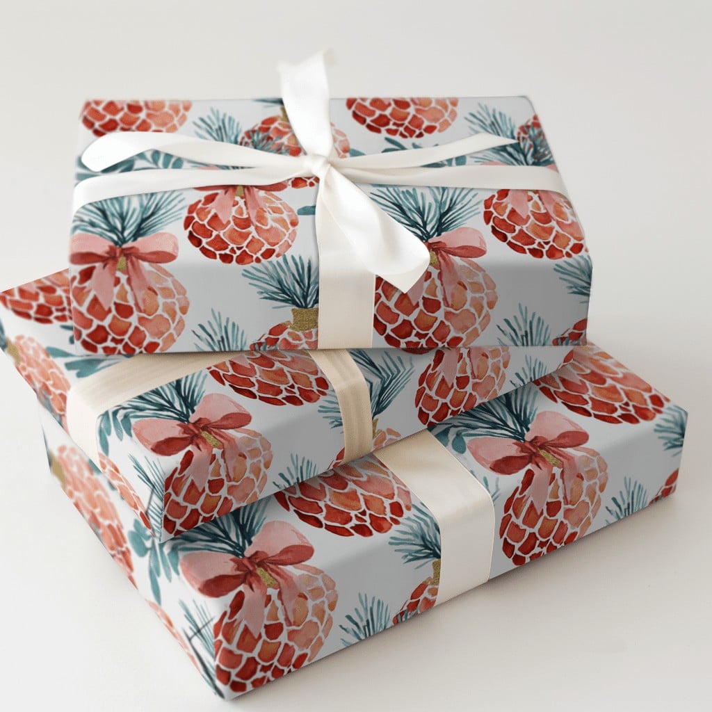 Tropical Holiday Gift Wrap, Christmas Pineapple Wrapping Paper, Watercolor Pineapple Wrapping Paper, Festive Winter Adorable 