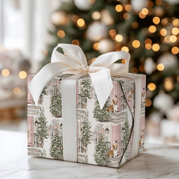 Adorable Dog Holiday Wrapping Paper, Christmas Corgi Wrapping Paper, Pink Door Winter Gift Wrap, Festive Puppy Paper