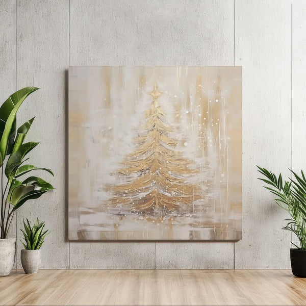 Abstract Snowy Winter Painting Canvas Print, Golden Christmas Tree Square Canvas, Elegant Holiday Season Wall Decor, Xmas Pre