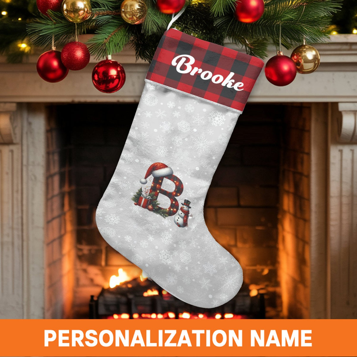 Custom Name Plaid Stocking, Personalized Red Buffalo Plaid Initial Christmas Stocking, Velboa Xmas Stocking, Holiday Decor Pr