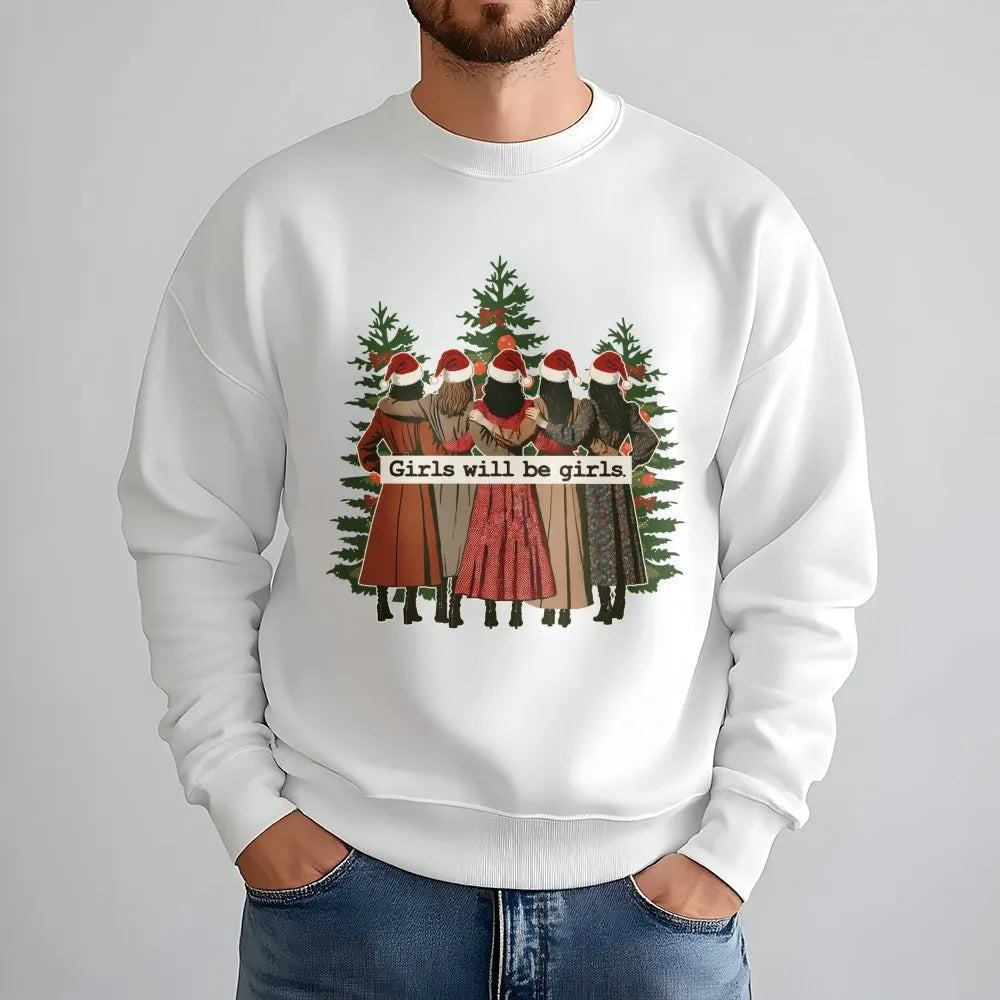 Retro Christmas Tree Sweatshirt, Girls Will Be Girls Sweatshirt, Feminist Holiday Sweatshirt, Adorable Xmas Tree Crewneck, Be