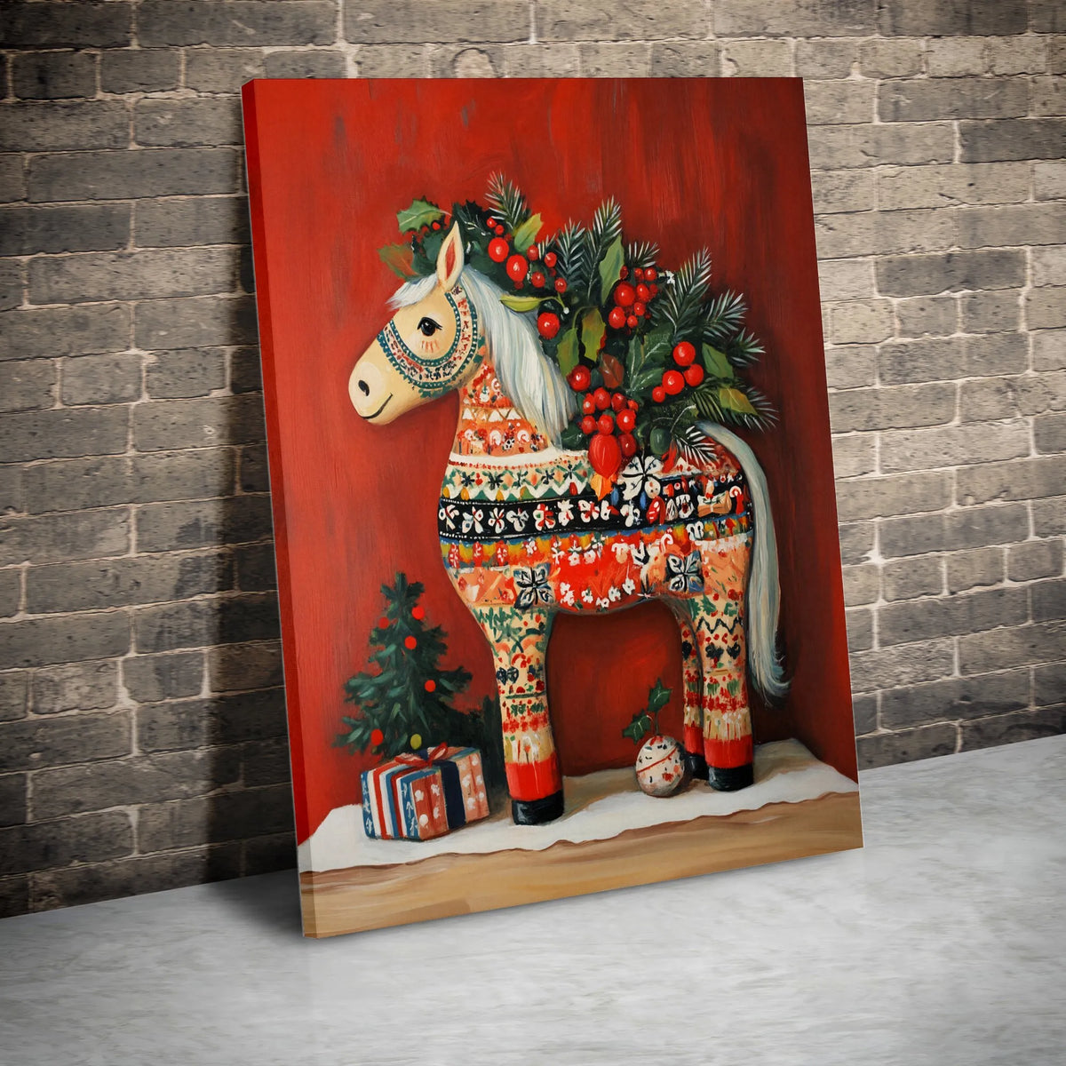 Scandinavian Folk Art Canvas Wall Art, Dala Horse Canvas Print, Festive Christmas Canvas Art, Nordic Holiday Wall Decor, Wint