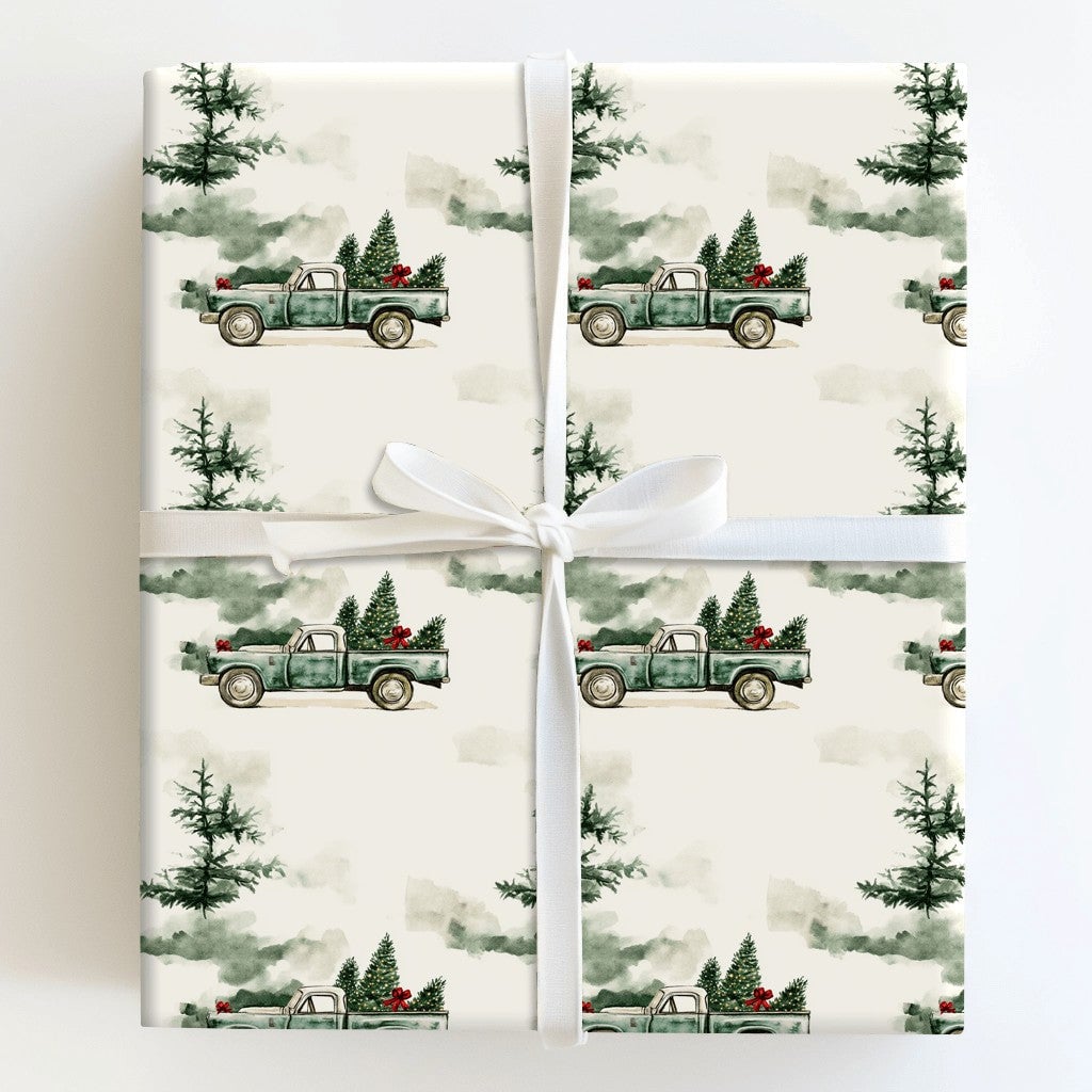 Farmhouse Tree Gift Wrap, Vintage Green Truck Christmas Wrapping Paper, Rustic Pine Holiday Wrapping Paper, Winter Present Gi