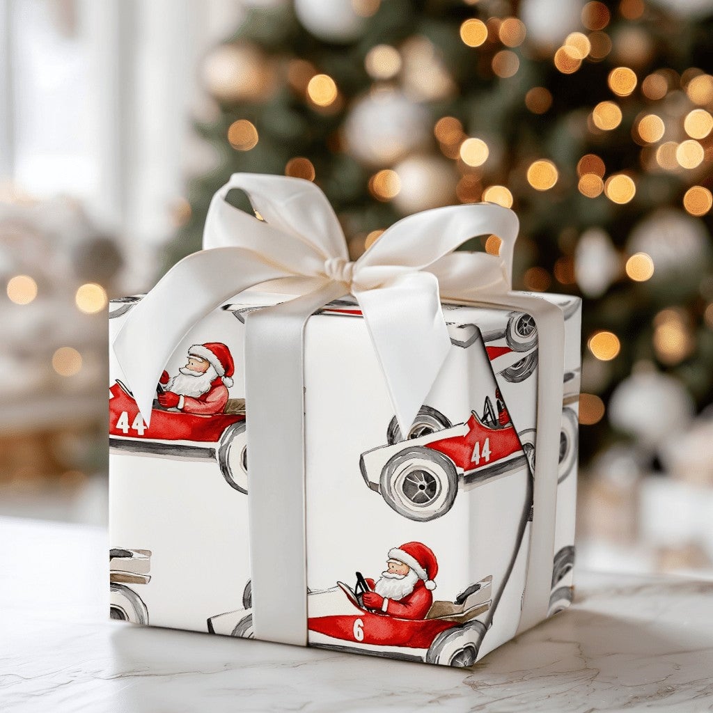 Number 6 and 44 Auto Racing Gift Wrap, Vintage Race Car Santa Wrapping Paper, Watercolor Motorsport Holiday Paper, Christmas 