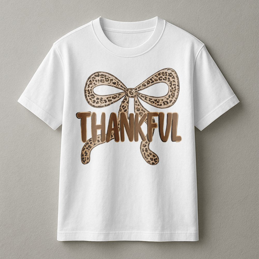 Thankful T-Shirt | Leopard Print Bow Design | 100% Soft Cotton | Thanksgiving Fall Gift for Women