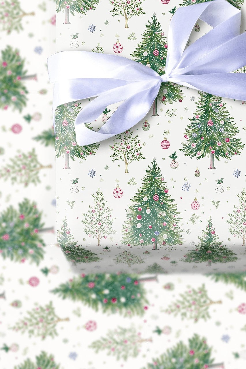 Festive Bauble Holiday Gift Wrap, Watercolor Christmas Trees Wrapping Paper, Snowflake Christmas Wrapping Paper, Winter Gift 