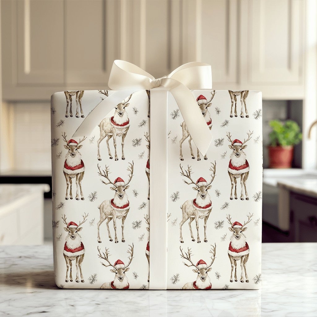 Santa Hat Reindeer Gift Wrap, Watercolor Reindeer Wrapping Paper, Festive Reindeer Christmas Paper Roll, Holiday Gift Wrappin