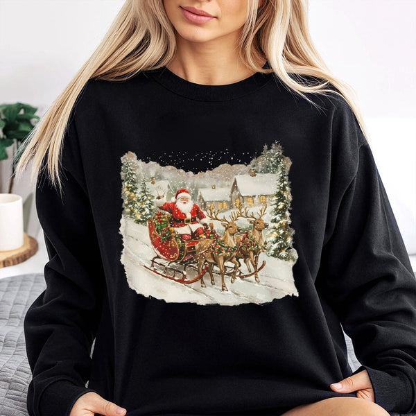 Retro Santa Sleigh and Reindeer Crewneck, Vintage Santa Sweatshirt, Nostalgic Santa Christmas Sweater, Comfy Holiday Graphic 