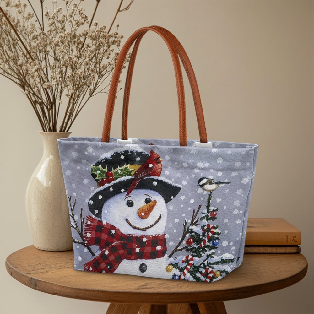 Winter Holiday Tree Tote Bag, Christmas Snowman and Cardinal Tote Bag, Festive Seasonal Shoulder Tote Bag, Large Daily Handba