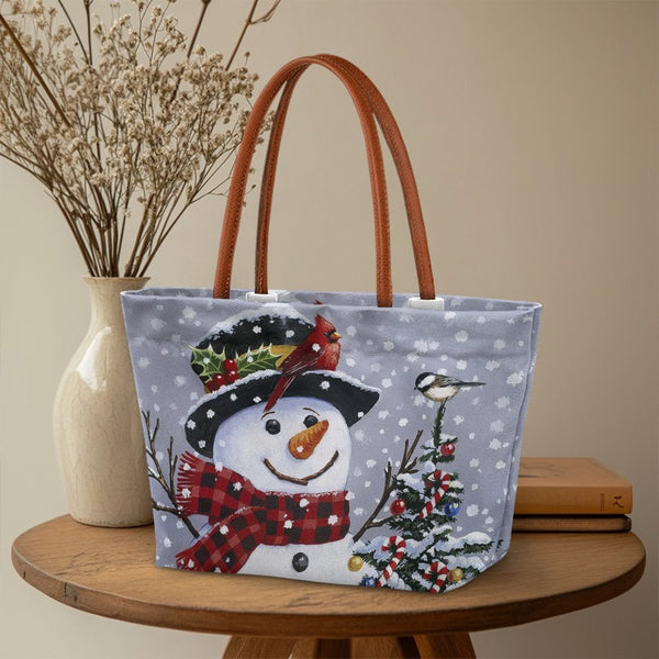 Winter Holiday Tree Tote Bag, Christmas Snowman and Cardinal Tote Bag, Festive Seasonal Shoulder Tote Bag, Large Daily Handba