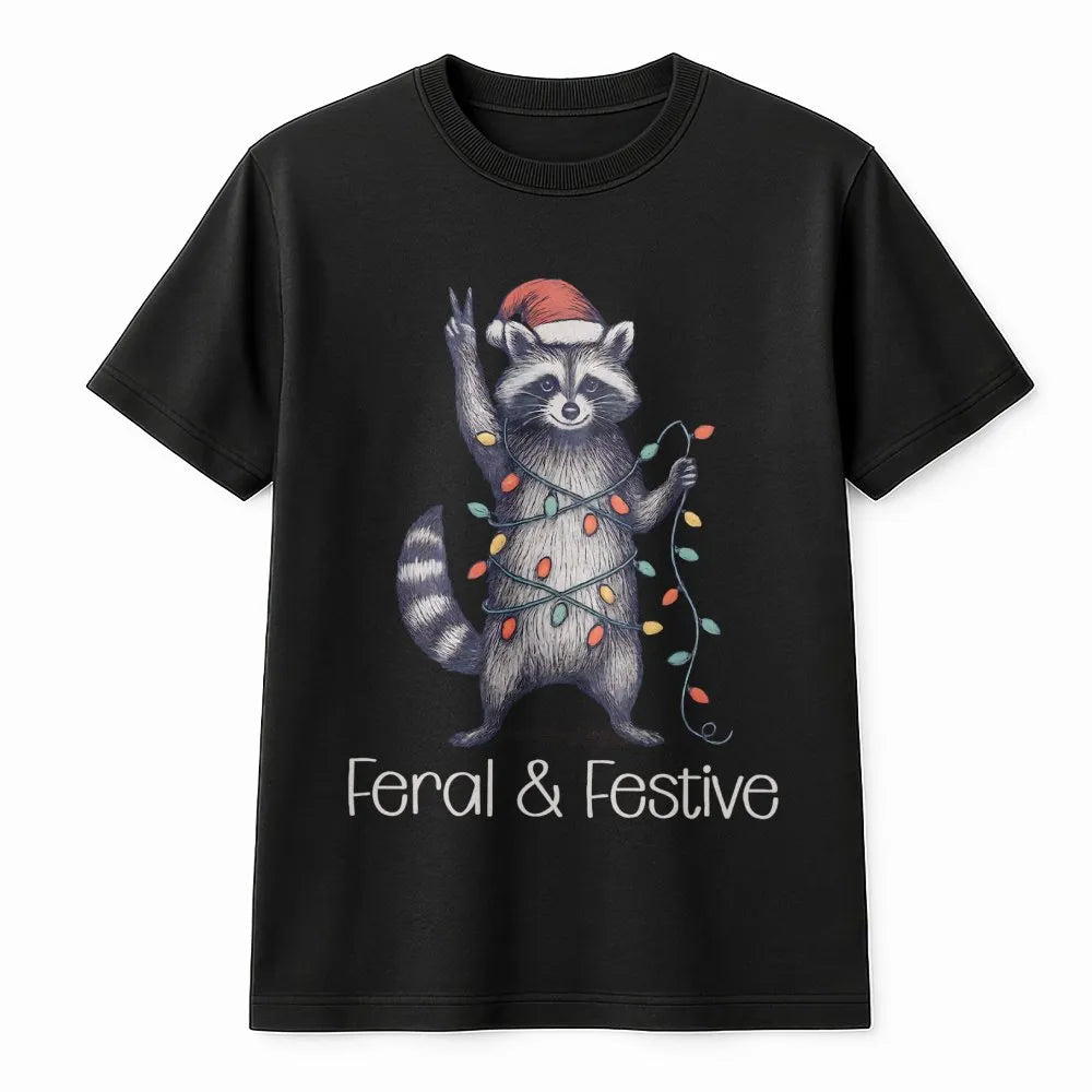 Humorous Trash Panda Xmas Shirt, Feral and Festive Raccoon Christmas T-Shirt, Retro Holiday Animal Graphic Tee, Adorable Racc