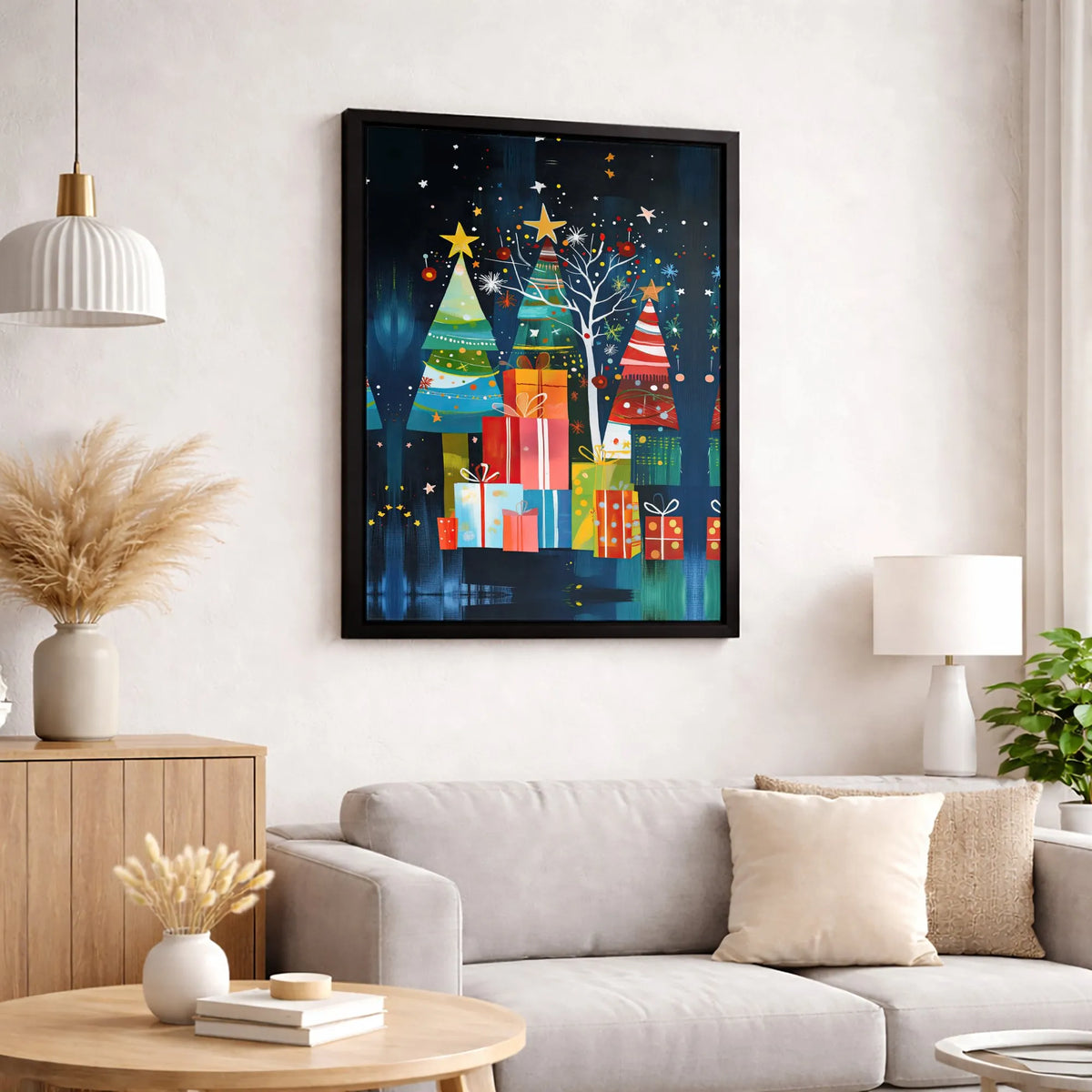 Colorful Holiday Gift Boxes Art, Abstract Christmas Tree Wall Art Print, Canvas Art Digital Download, Festive Holiday Home De