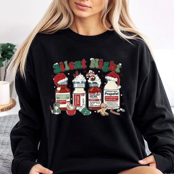 Humorous Medical Vials Holiday Crewneck, Silent Night Christmas Sweatshirt, RN ICU Doctor Nurse Xmas Pullover, Medical Sweate