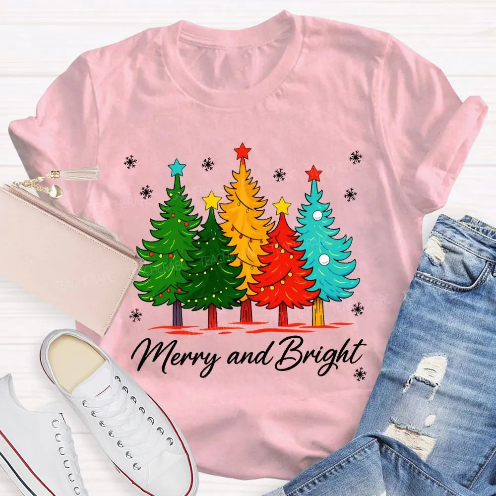 Colorful Holiday Graphic Tee, Merry and Bright Christmas Tree T-Shirt, Festive Xmas Tree Shirt, Retro Christmas Tee, Holiday 