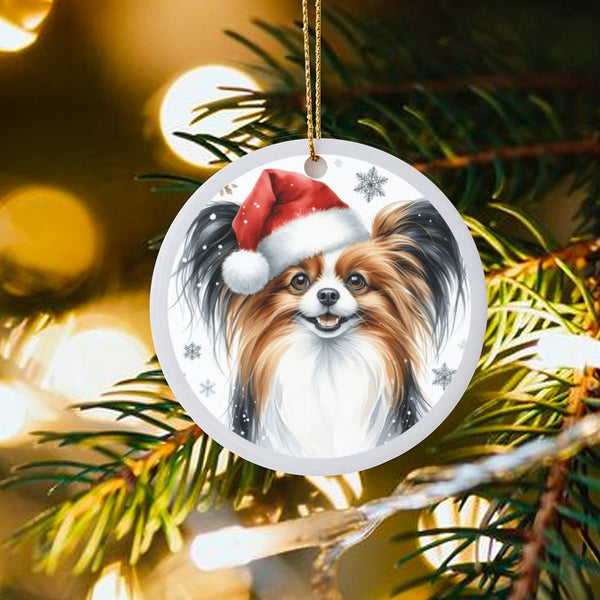 Santa Hat Dog Ornament, Papillon Christmas Ornament, Festive Puppy Tree Ornament, Ceramic Pet Keepsake, Holiday Present for D