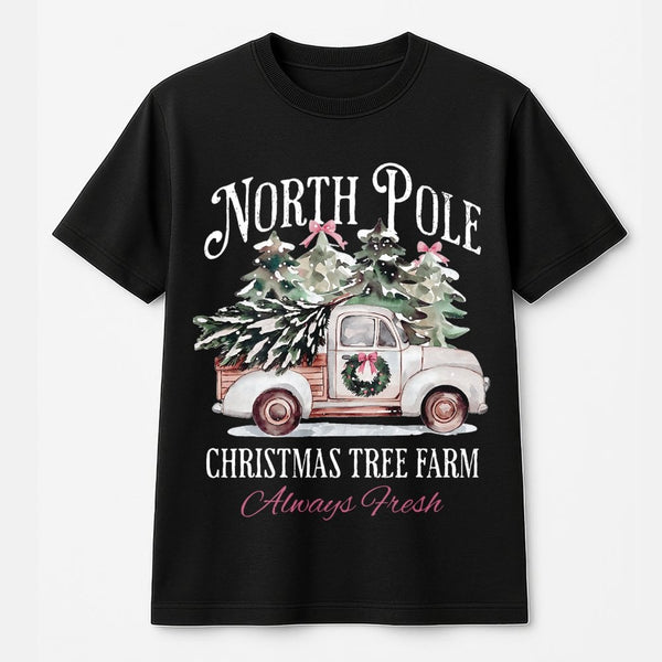 Vintage Truck Holiday Graphic Tee, North Pole Christmas Tree Farm T-Shirt, Christmas Tree Farm Shirt, Rustic Winter T-Shirt, 