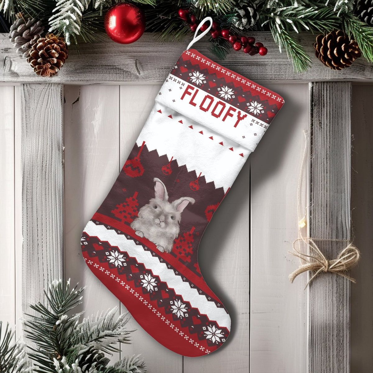 Nordic Pattern Bunny Christmas Stocking, Personalized Rabbit Christmas Stocking, Adorable Bunny Holiday Stocking, Pet Lover X